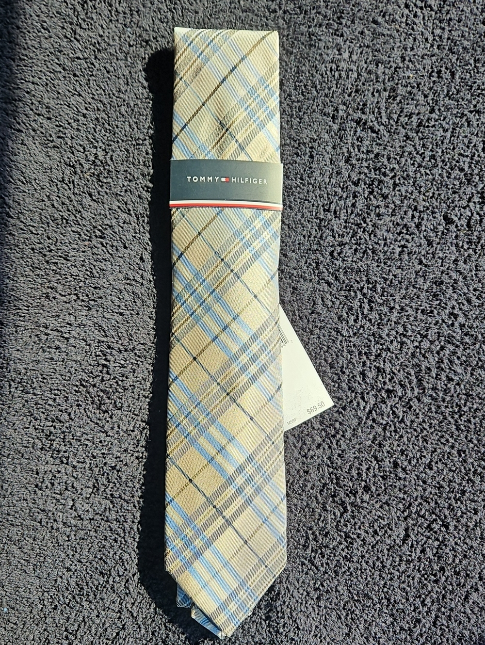 Tommy Hilfiger Beige and Light Blue Plaid Silk Tie